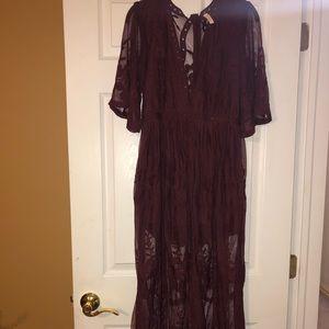 Lace Sheer Maxi Romper Dress Maroon